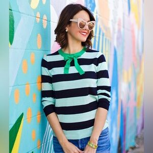 NWT J. Crew Tippi Tie Neck Sweater Mint Green & Navy Stripe Size M Merino Wool